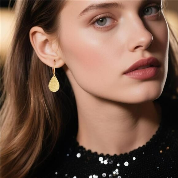 Gold teardrop dangle earrings for women sterling silver hammered drop leverback - Picture 2 of 7